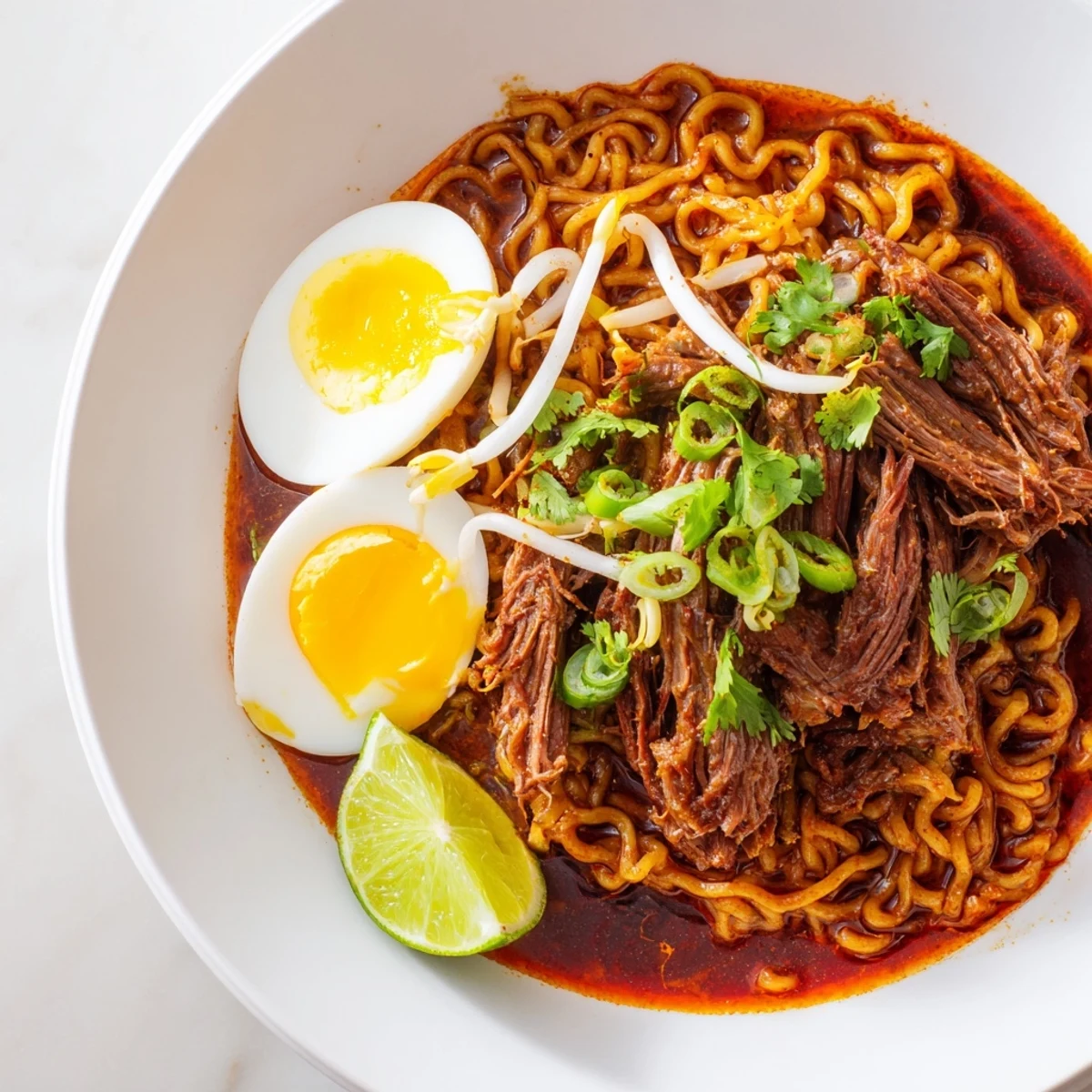 Fragrant and flavorful Chaos Cooking birria ramen served with a vibrant array of crunchy toppings.