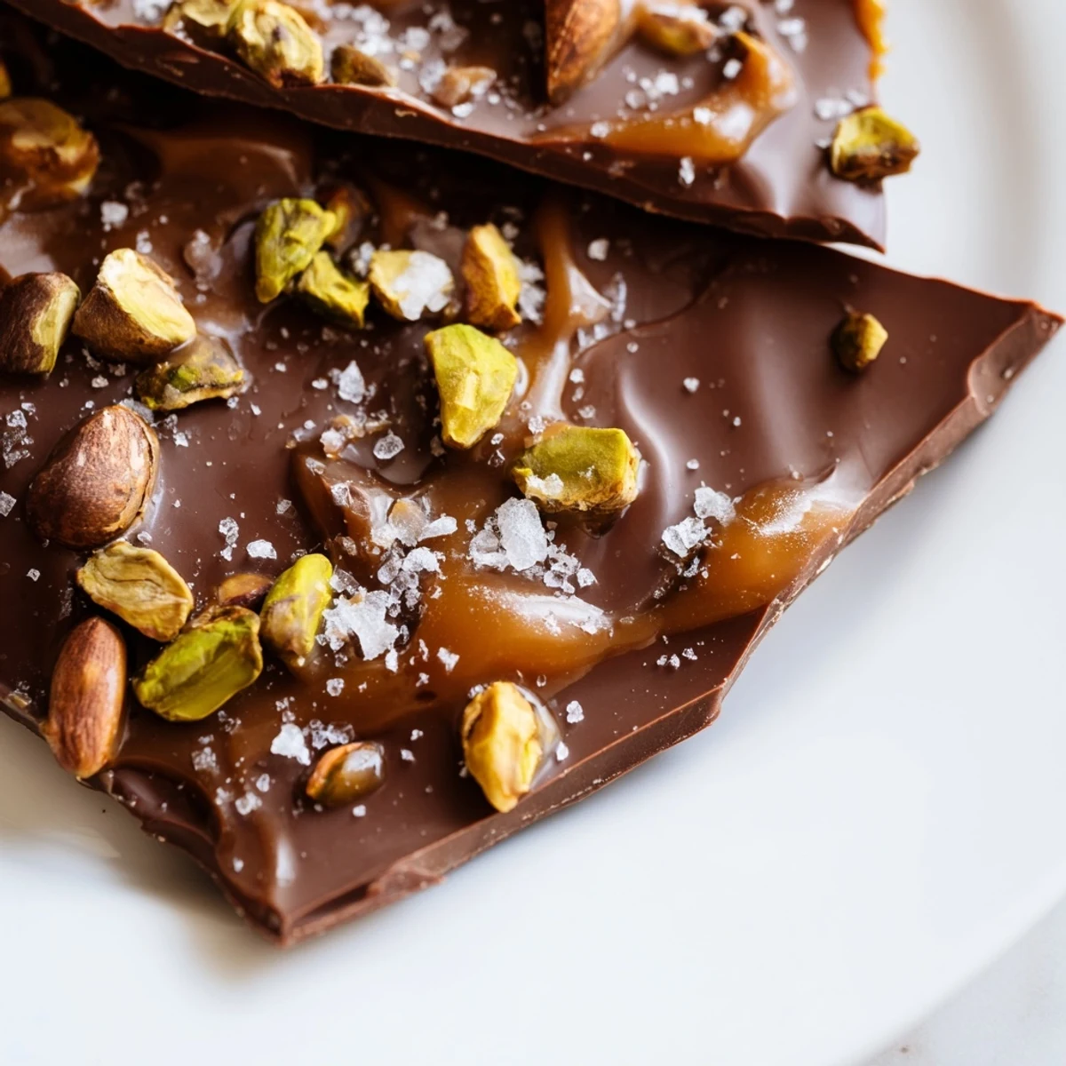 Enjoy the sweet, salty, and crunchy flavors of fresh Pistachio Salted Caramel Bark, perfect for sharing.