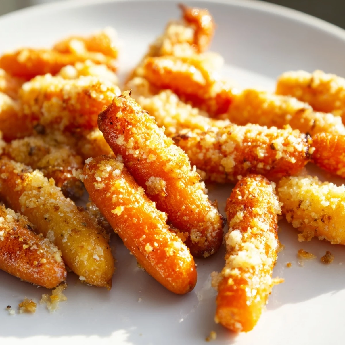 Savory Parmesan baby carrot chips roasted to a crisp, perfect for dipping into a creamy herb sauce alongside roasted chicken.  