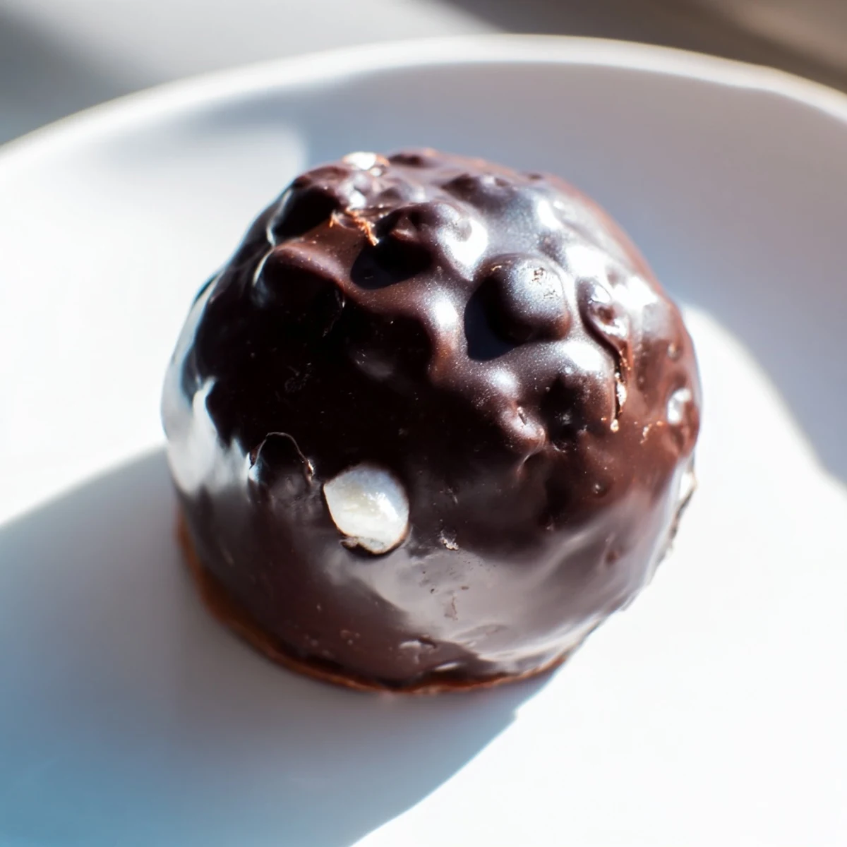 Six glossy dark chocolate Hot Chocolate Bombs sit on a rustic wooden board, dusted with cocoa powder and ready for hot milk.