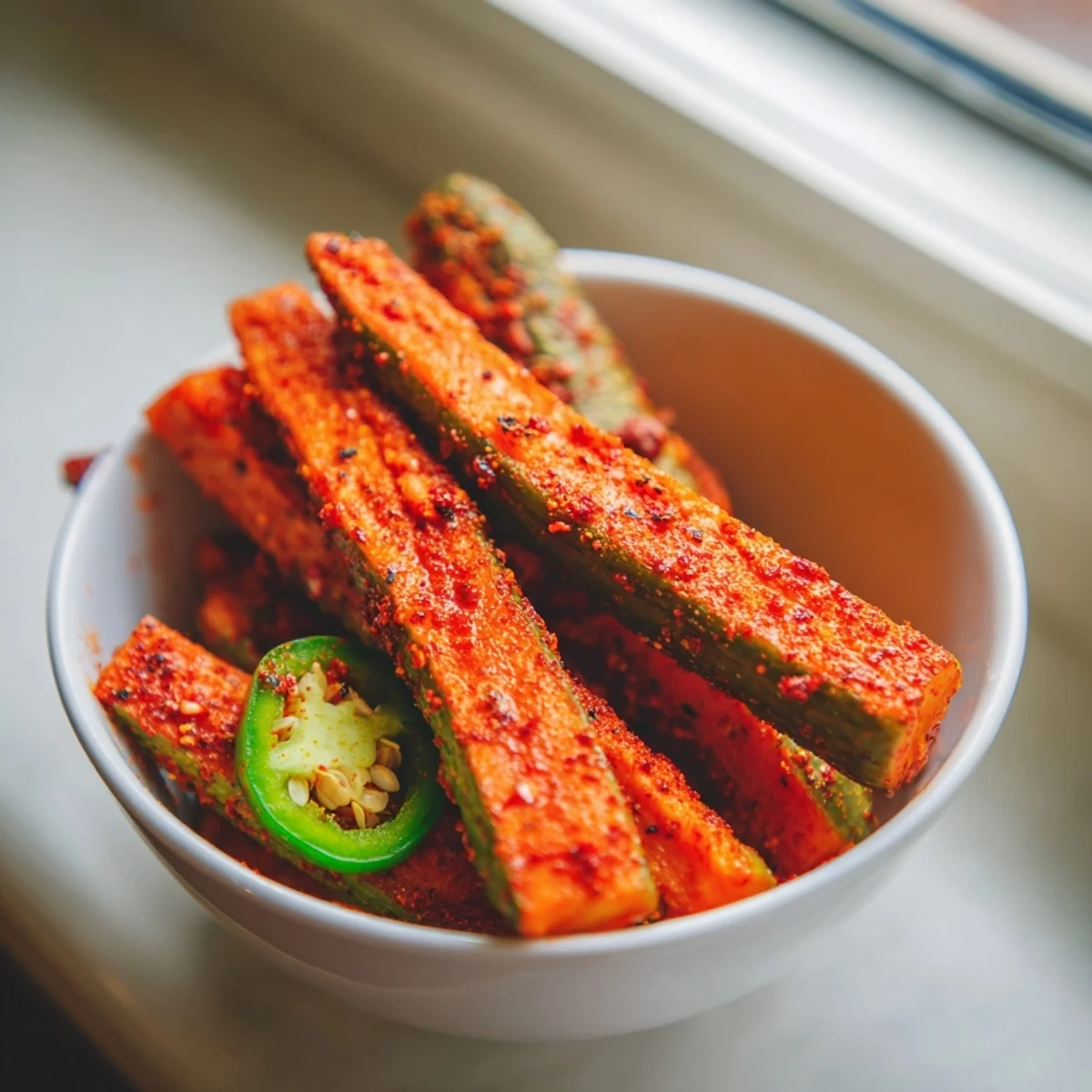 Crisp dill pickle spears in a jar, marinating in a bold, smoky taco seasoning blend for a zesty, spicy snack.