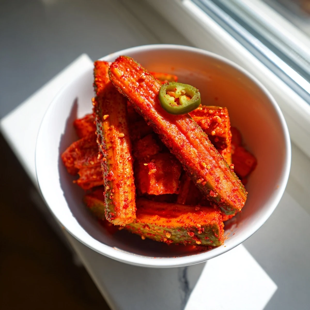 Homemade taco pickles stacked on a platter, offering a crunchy, vegan snack ready for burgers or nachos.