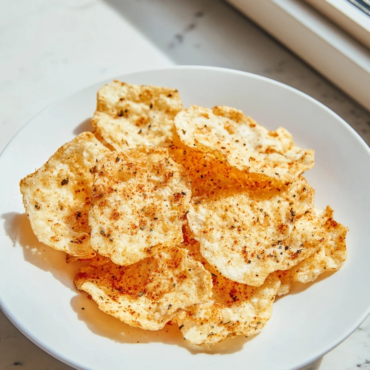Golden-brown, crispy cottage cheese chips baked to perfection and stacked high for a nutritious, high-protein snack.