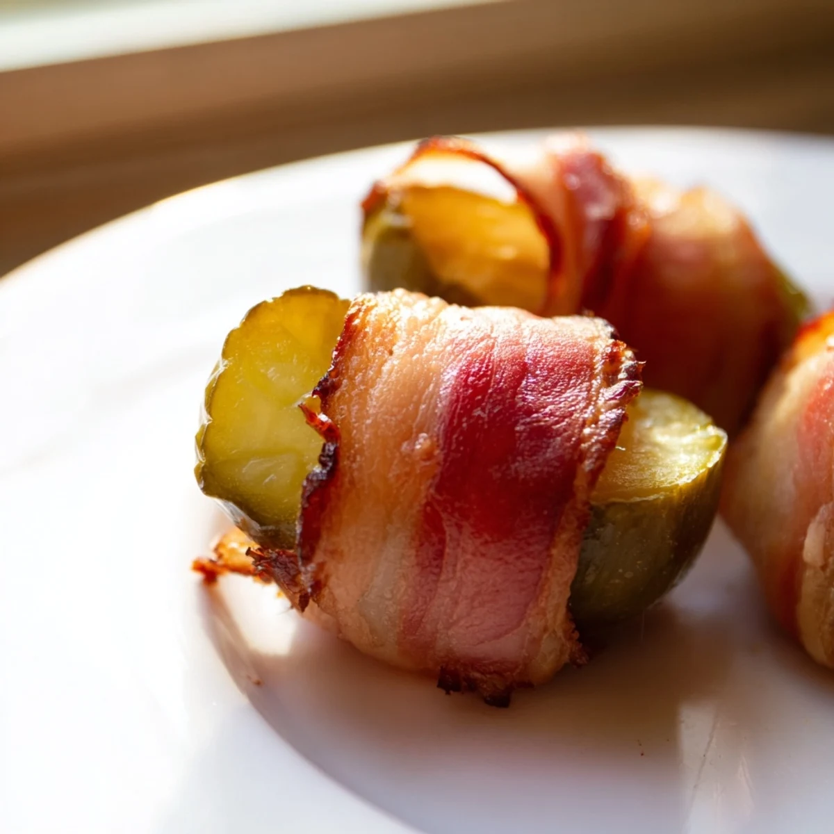 Crispy bacon-wrapped pickles glistening with golden brown edges, served warm on a party platter with dipping sauce.