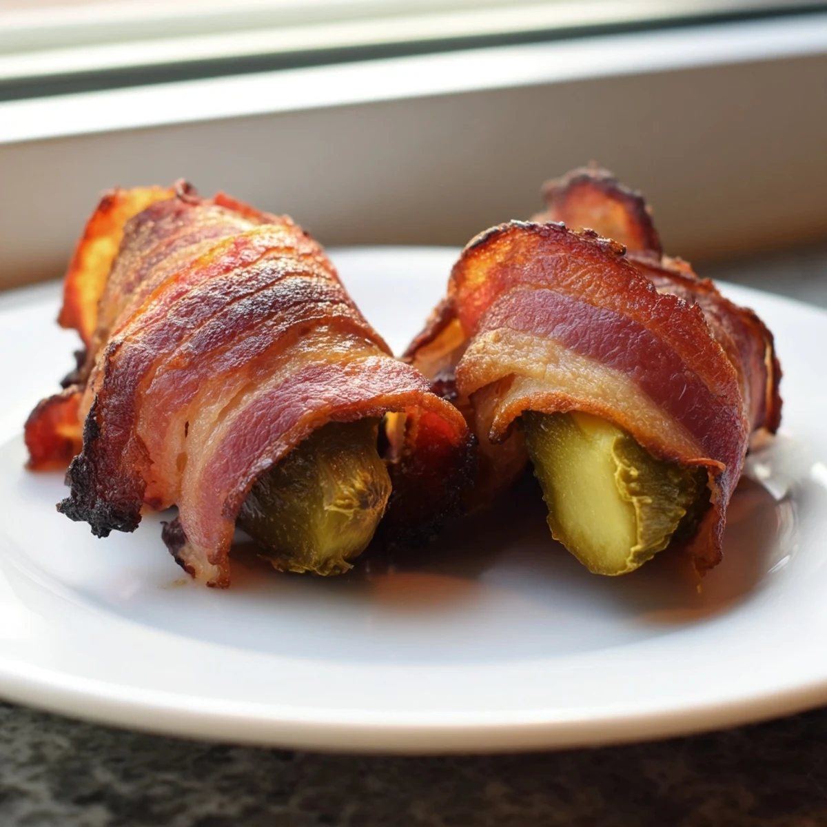 Golden brown bacon-wrapped pickles fresh from the oven, smoky aroma on a serving tray for game day.