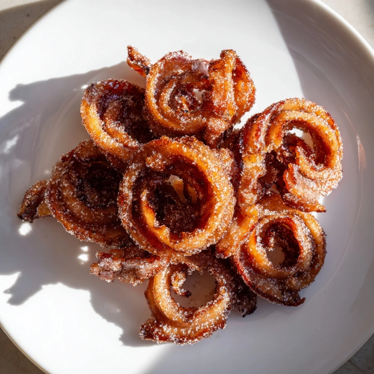 Crisp spiced bacon twists served warm on a platter, ready for a brunch spread or cocktail hour.