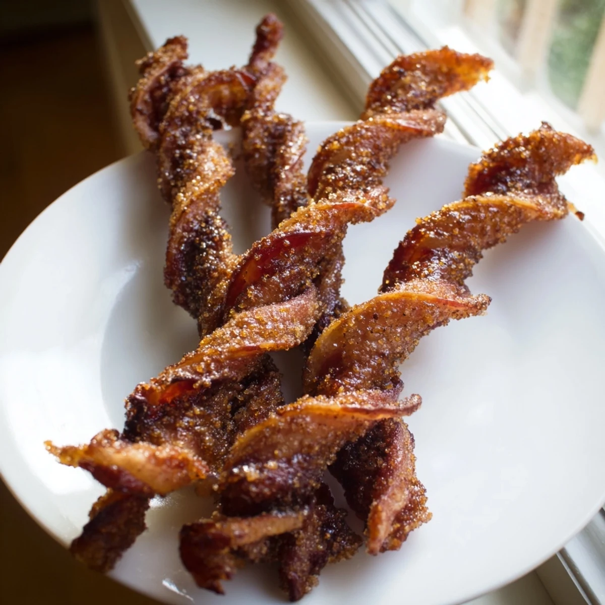 Sweet and spicy bacon twists with a glossy glaze, highlighting their irresistible crunch and savory aroma.