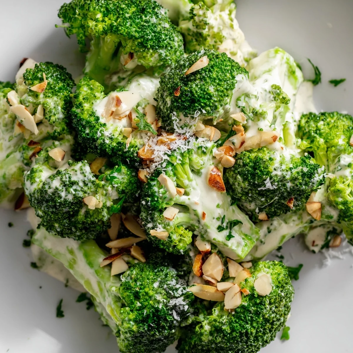 Bright green broccoli florets coated in creamy garlic-Parmesan dressing, garnished with toasted almonds and fresh parsley.