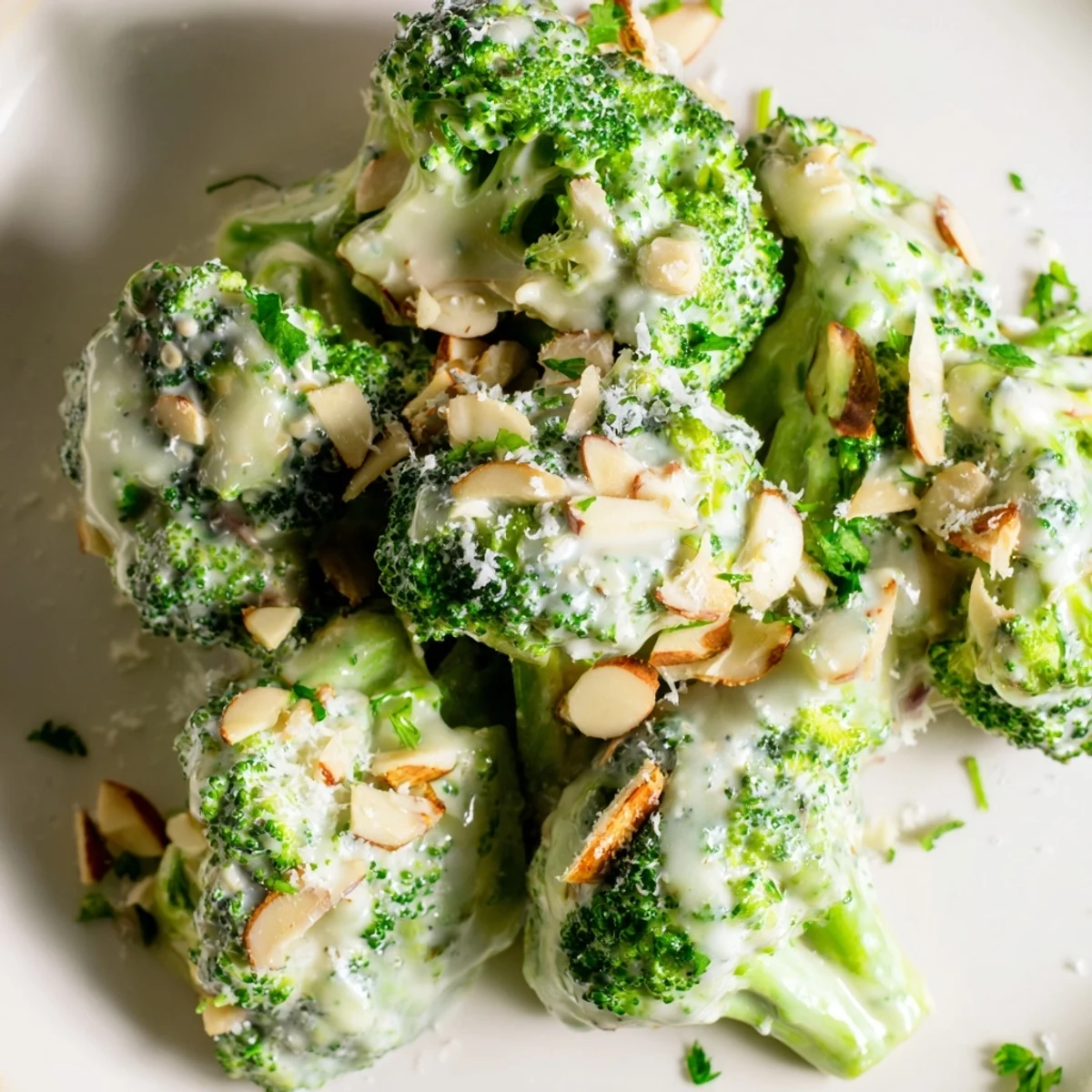 A vibrant bowl of Garlic Parmesan Broccoli Salad with tomatoes and almonds, perfect for a light lunch or side.