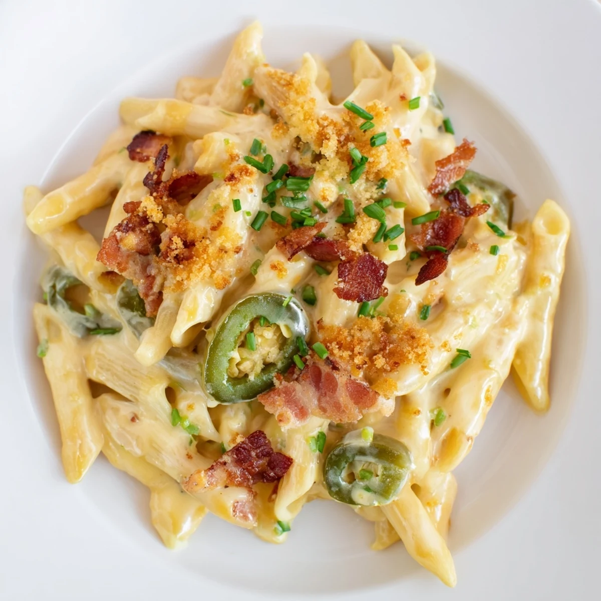 Garnished with chives and bacon crumbles, a serving of Jalapeño Popper Pasta sits beside fresh bread.