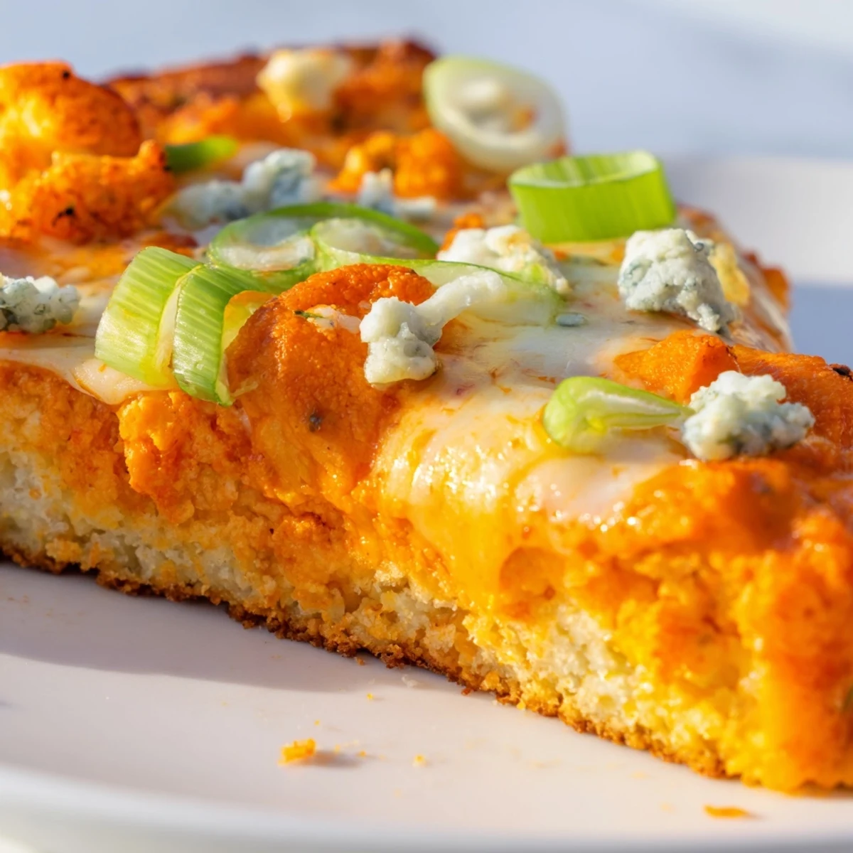 Slice of Buffalo Cauliflower Pizza on a wooden board, with celery sticks and blue cheese crumbles, ready for a tangy, spicy bite.
