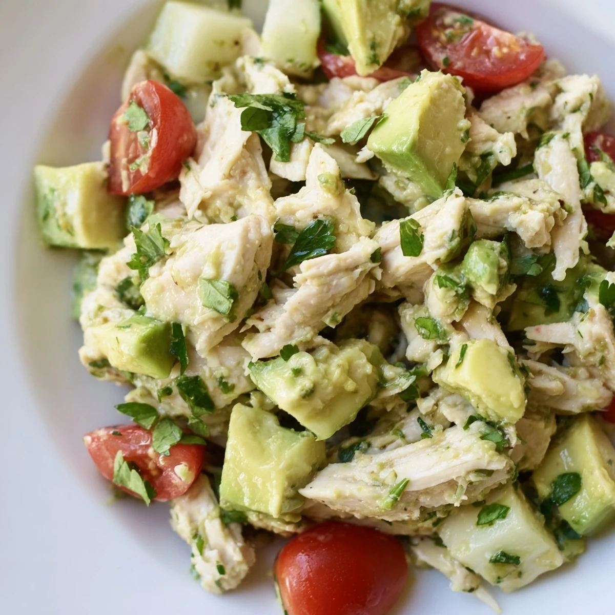 Creamy avocado chicken salad with tender shredded chicken, crisp cucumber, and cherry tomatoes in a lime-herb dressing, served in a rustic bowl.
