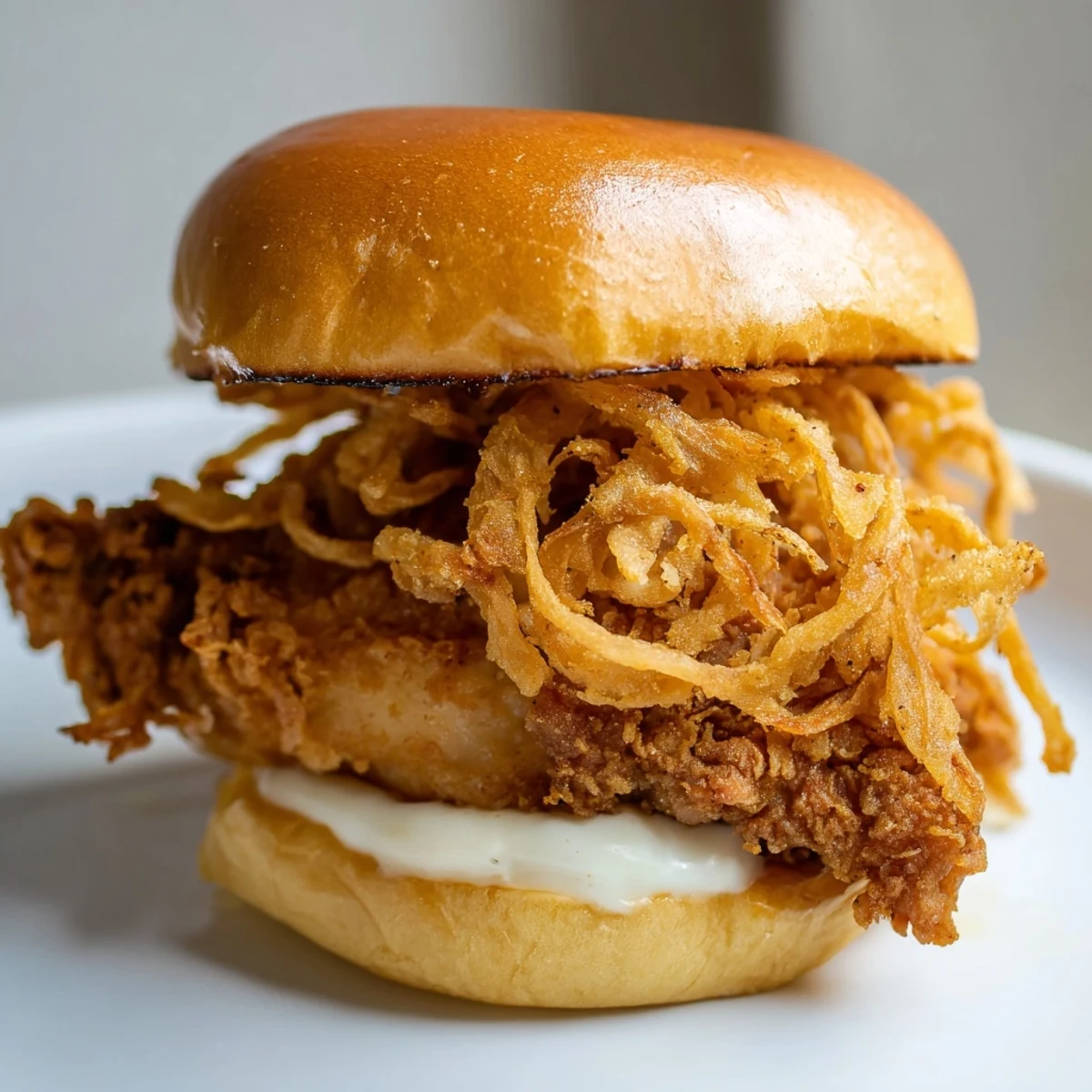 Golden-brown Crispy Onion Chicken Sandwich stacked high on a plate, with fried chicken thighs, crunchy fried onions, and creamy aioli on a toasted brioche bun.