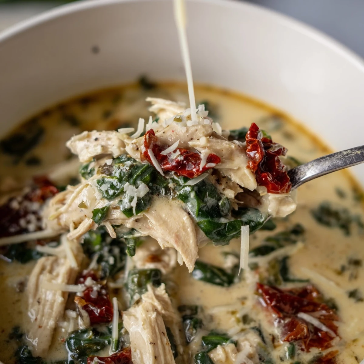 A warm bowl of Creamy Tuscan Chicken Soup garnished with extra Parmesan, featuring tender chicken, wilted spinach, and sun-dried tomatoes in a velvety broth.
