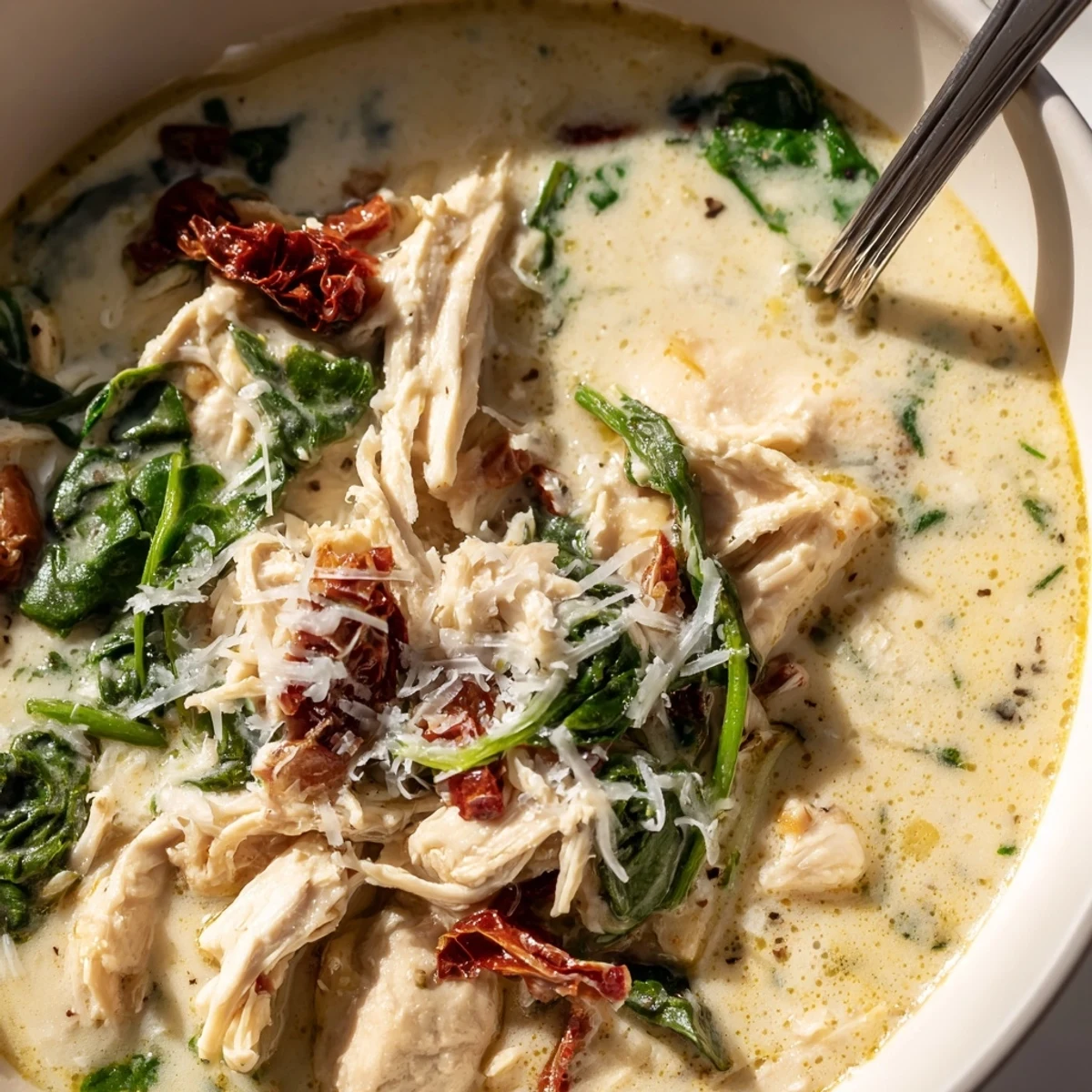 Hearty Creamy Tuscan Chicken Soup served in a rustic ceramic bowl, showcasing shredded chicken, vibrant spinach, and colorful sun-dried tomatoes swimming in a creamy herb broth.