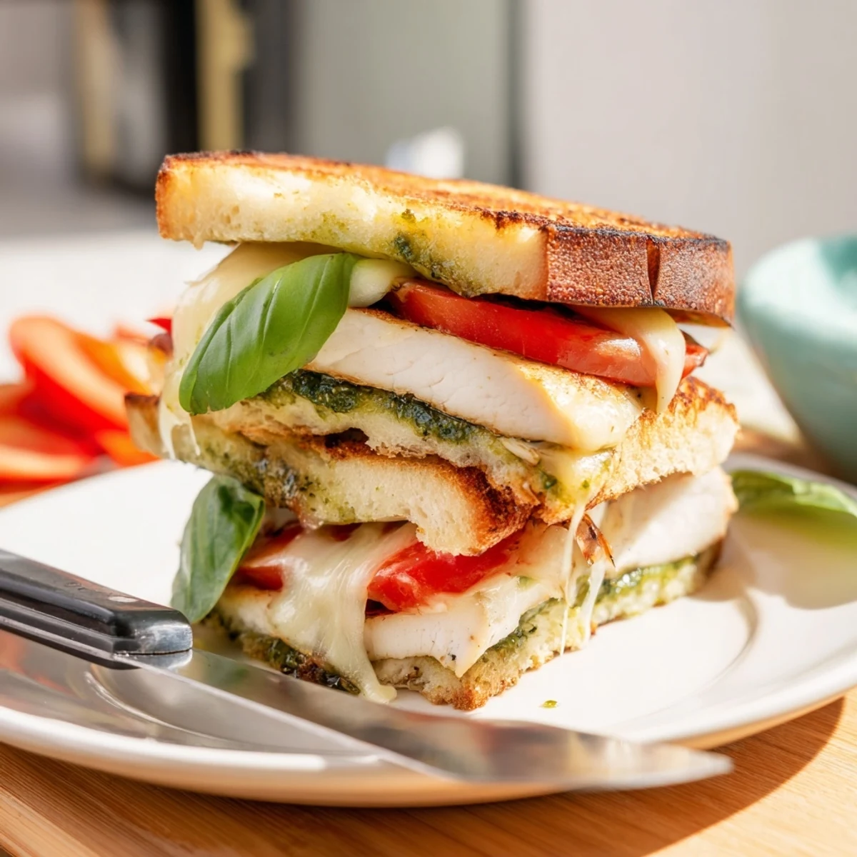 Golden-brown Pesto Chicken Melt sandwiches on ciabatta with melted mozzarella and fresh basil, served with sliced tomatoes.  