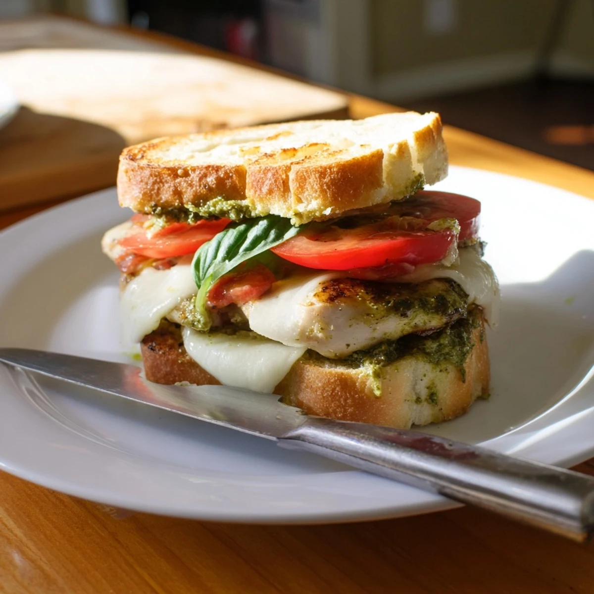 Grilled Pesto Chicken Melt sandwich overflowing with gooey mozzarella and basil pesto, resting on a rustic wooden board.  
