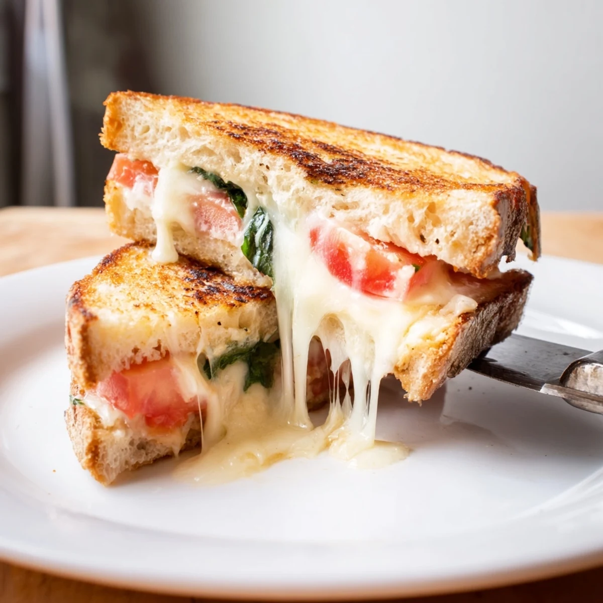 Golden-brown Tomato Basil Grilled Cheese sandwich sliced on a wooden board, revealing melted mozzarella and fresh basil.  