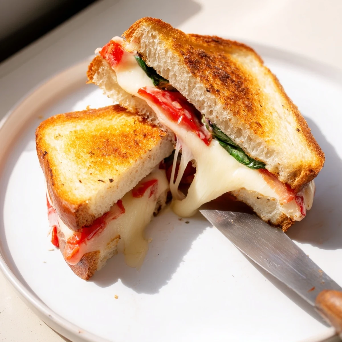 A classic Tomato Basil Grilled Cheese with juicy tomato slices and crispy buttery sourdough, ready to eat.  