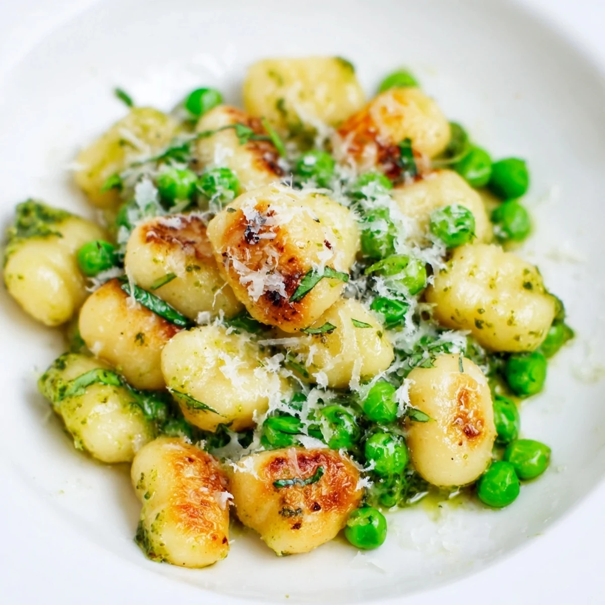 Crispy golden gnocchi tossed with vibrant basil pesto and sweet green peas in a skillet.  
