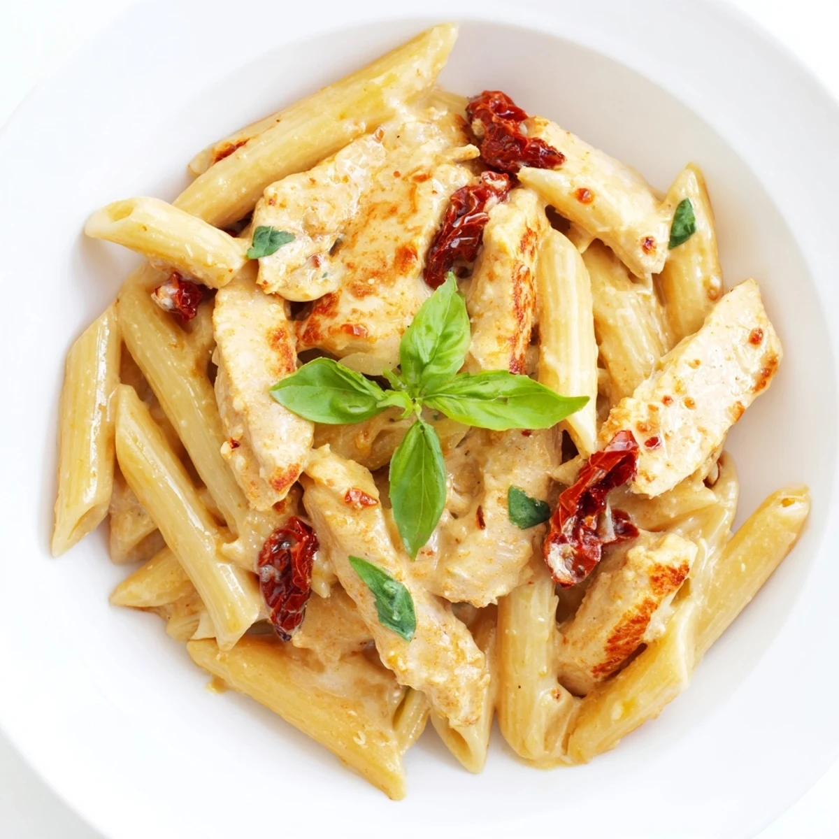 Creamy Sun-Dried Tomato Chicken Pasta with golden chicken strips and vibrant tomatoes nestled in penne, garnished with fresh basil.  