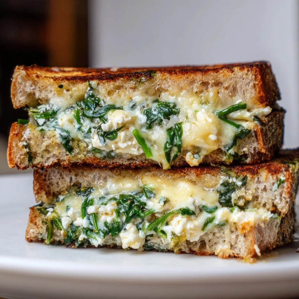 Feta & Spinach Stuffed Grilled Cheese on a white plate, paired with a creamy bowl of tomato soup for a cozy lunch.