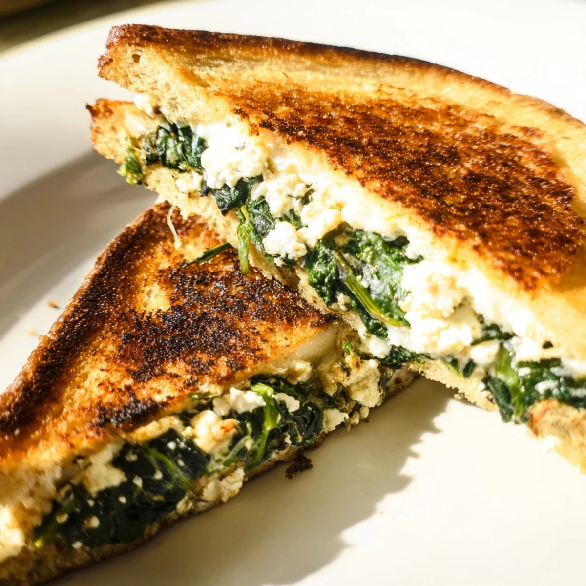 Thick-sliced sourdough Feta & Spinach Stuffed Grilled Cheese with crispy buttered crusts and visible fresh spinach, ready to eat warm.