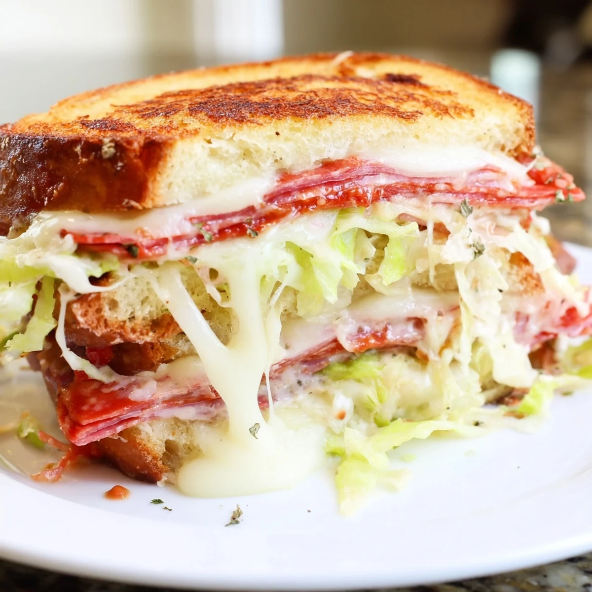Buttery crust on the Italian Sub Grilled Cheese oozes provolone, with lettuce topping peeking from the sides, served hot on a plate.