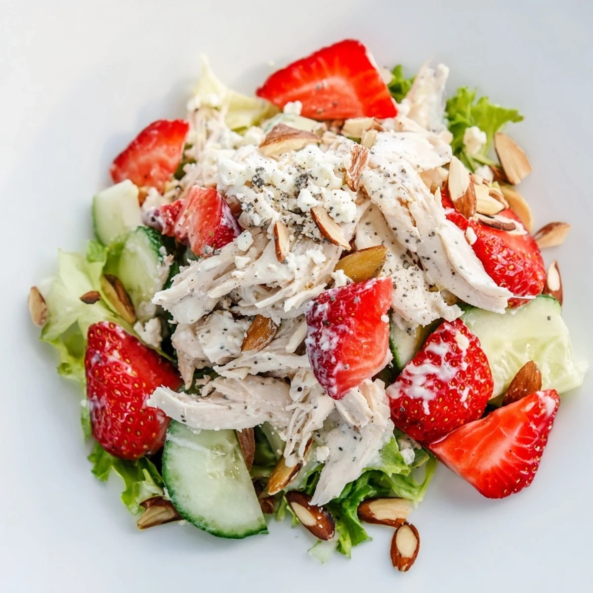 Vibrant Strawberry Poppy Seed Chicken Salad with feta and almonds, drizzled in tangy poppy seed dressing for a refreshing main dish.