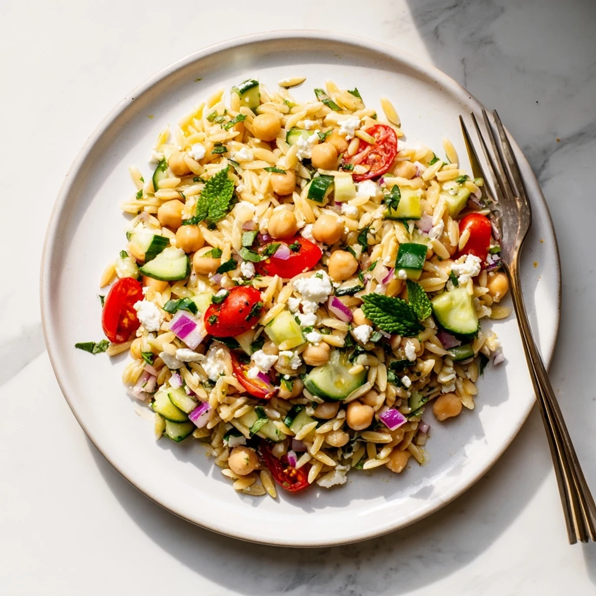 Colorful Mediterranean-style Lemony Chickpea Orzo Salad topped with crumbled feta, fresh parsley, and mint, served ready for a summer potluck or picnic.