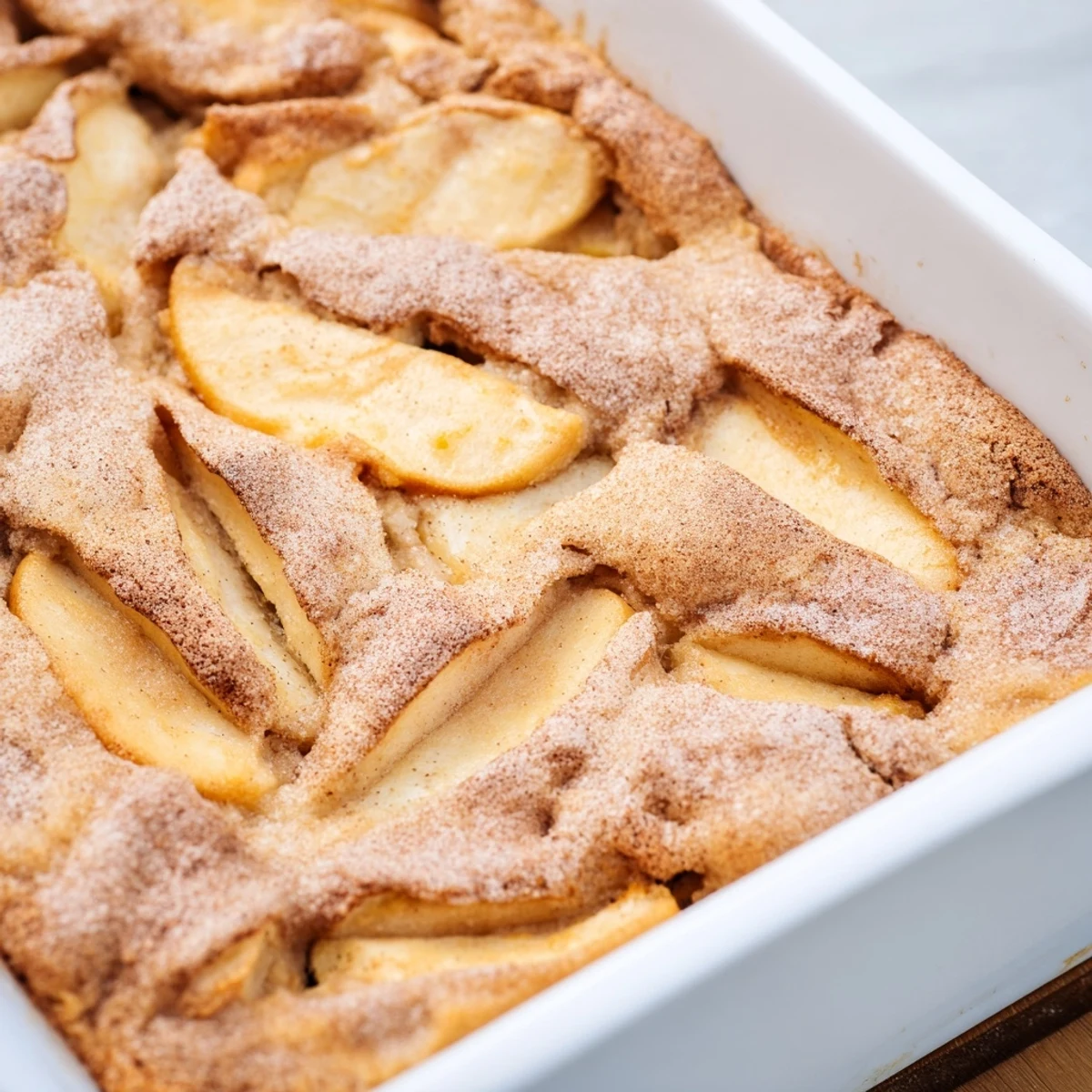 A slice of warm Baked Apple Cake, topped with cinnamon sugar and tender apple pieces, served on a plate for breakfast.