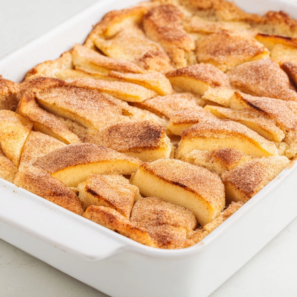 Golden Baked Apple Cake in a ceramic dish, featuring cinnamon-spiced apples and a moist crumb, perfect for a cozy brunch.