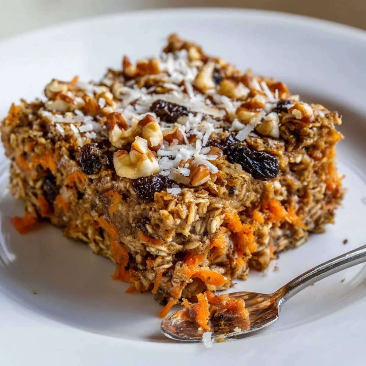 A slice of warm Carrot Cake Baked Oatmeal sits on a white plate, showcasing moist oats, grated carrots, and toasted walnuts.  