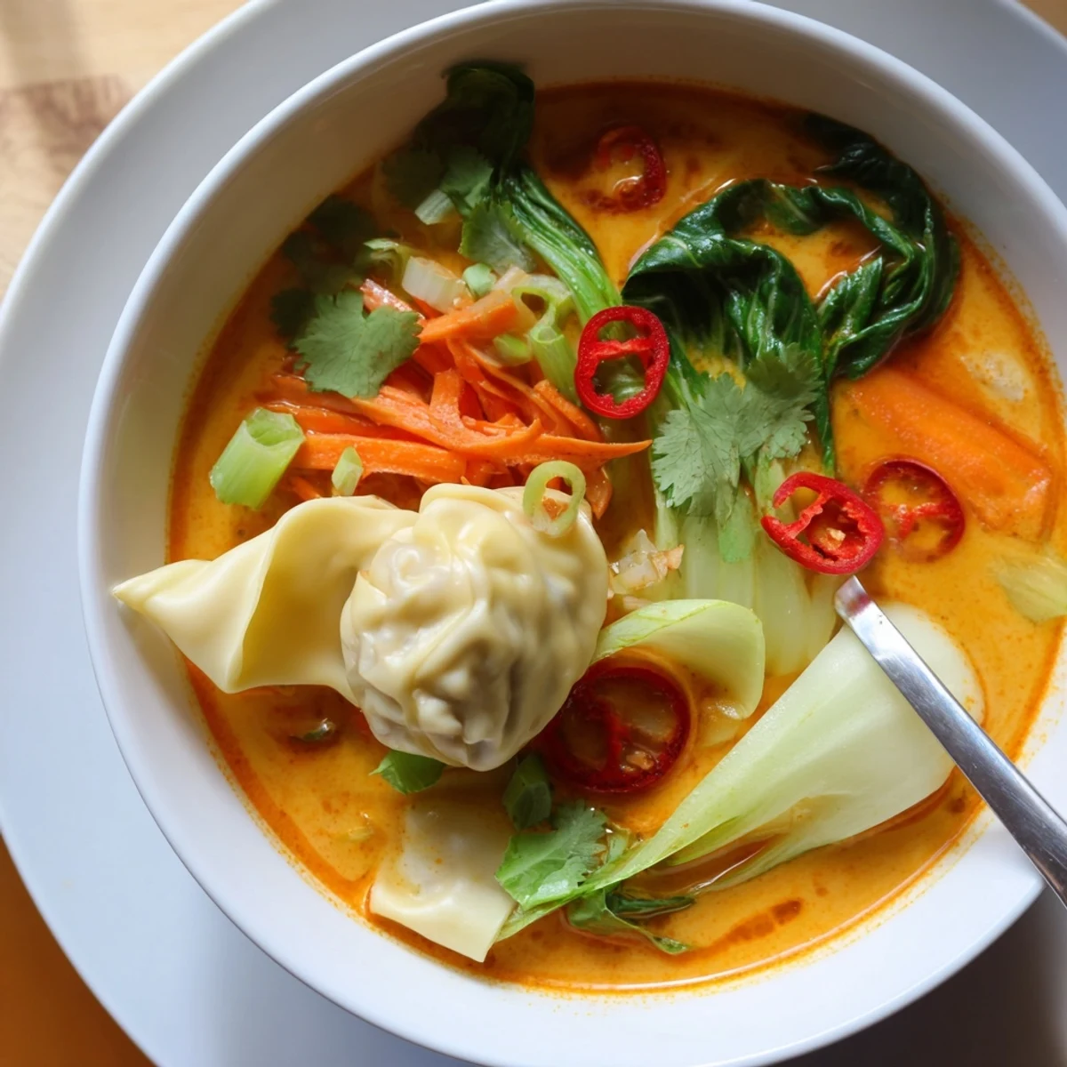A bowl of steaming Red Curry Wonton Soup with greens, featuring tender wontons, spinach, and carrots in a fragrant, creamy Thai-inspired broth.  