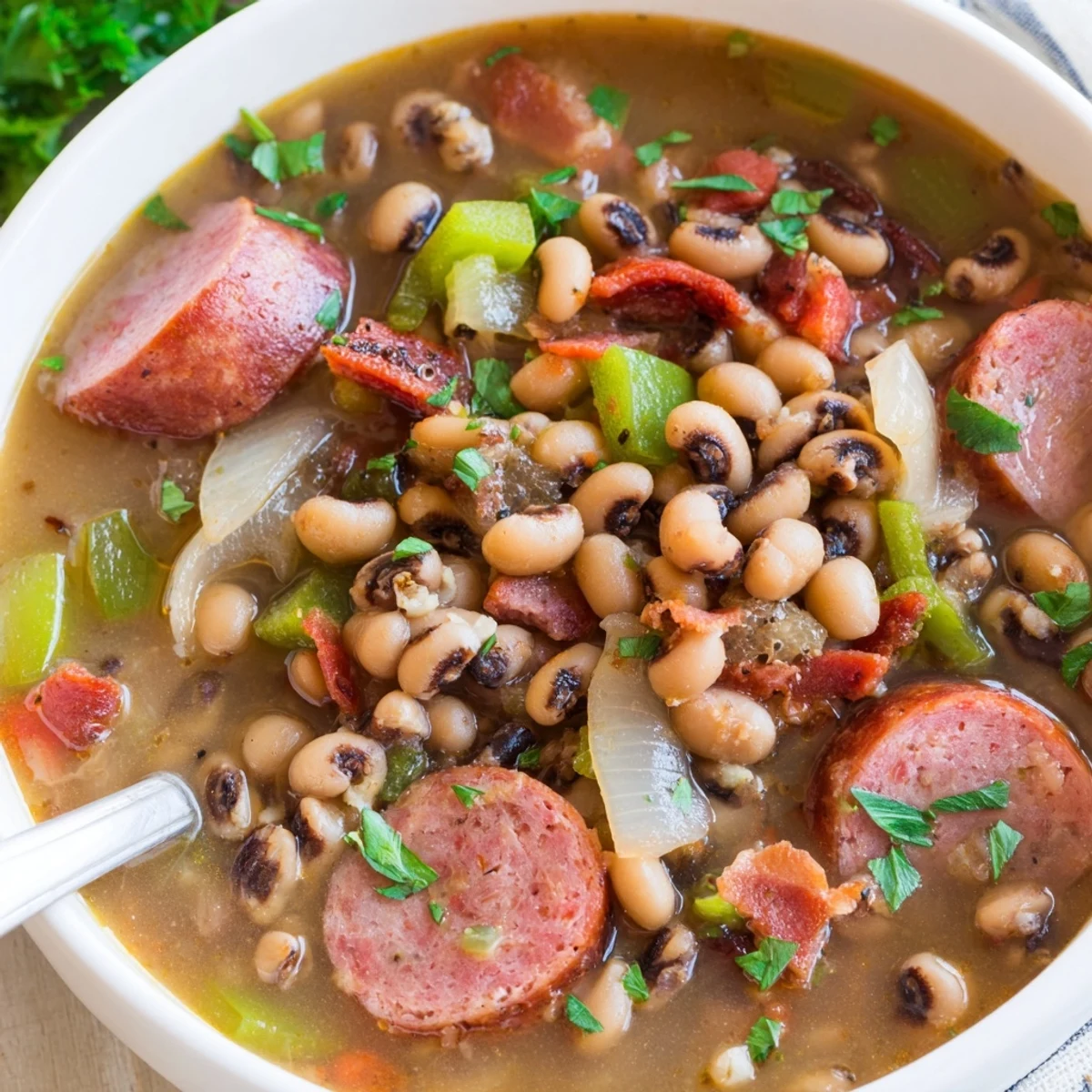 A close-up of Southern-Style Black-Eyed Peas simmering in a rich, smoky broth with chunks of sausage and vegetables.  