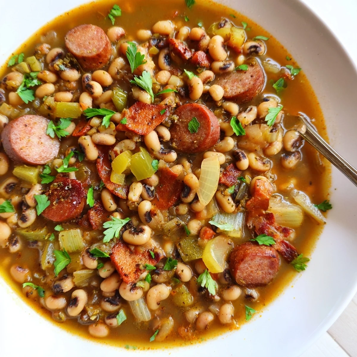 Hearty Southern-Style Black-Eyed Peas served in a rustic bowl, garnished with fresh parsley and a side of hot sauce.  