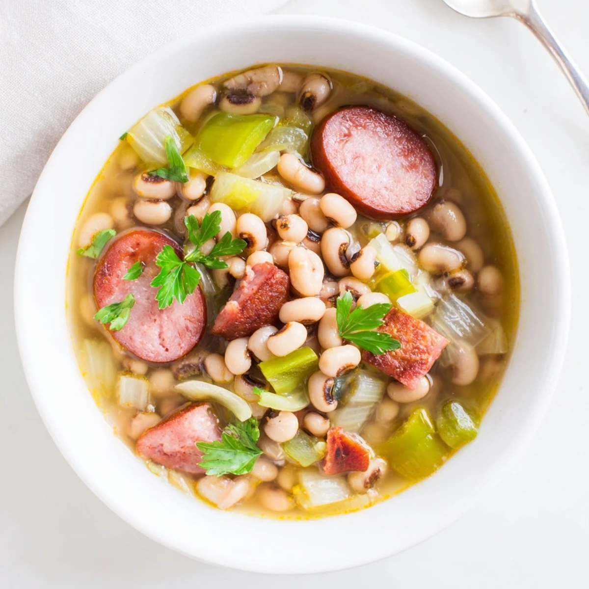 Steam rising from a pot of Southern-Style Black-Eyed Peas, featuring tender peas, bacon, and aromatic Creole spices.