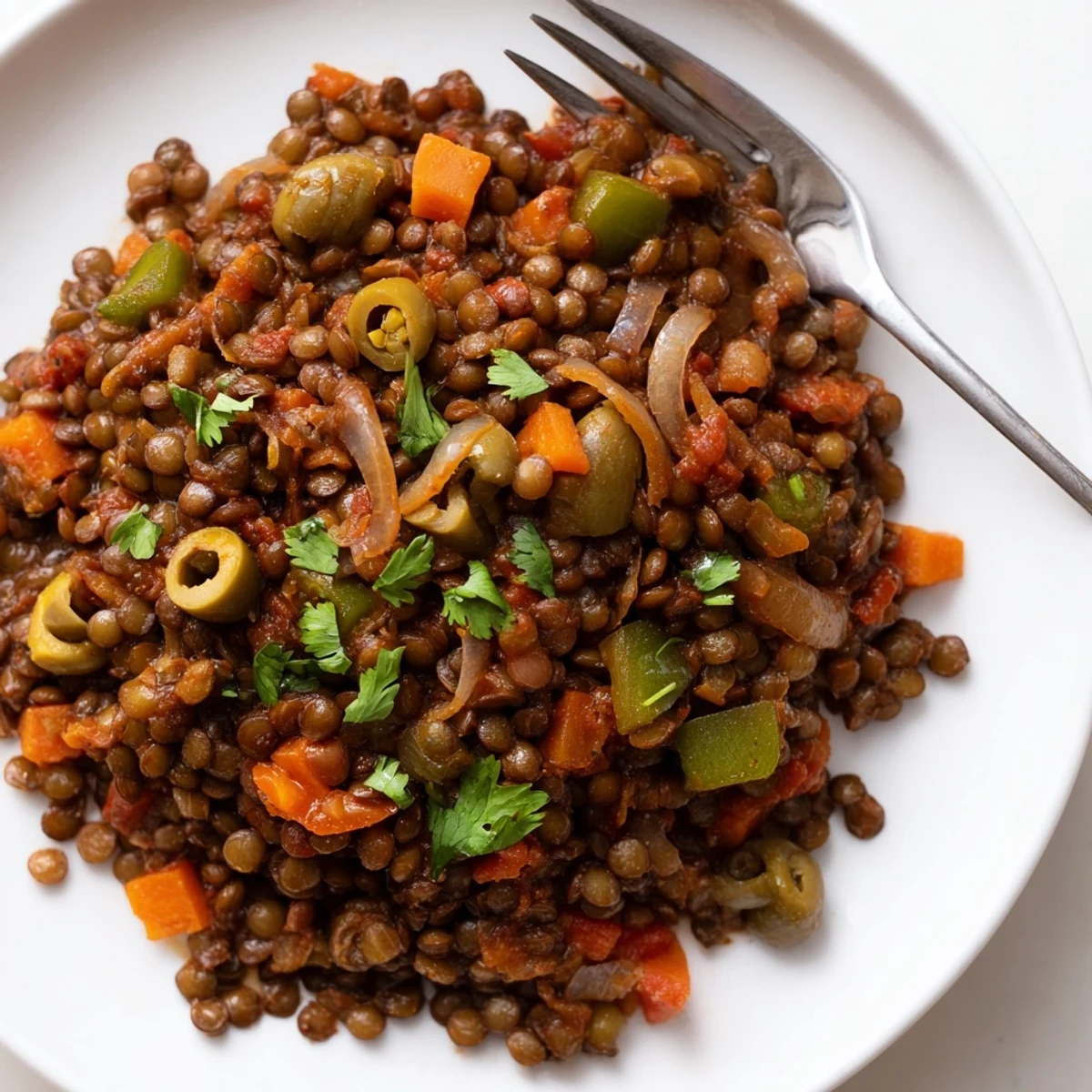 Cuban-Inspired Lentil Picadillo served over steamed rice with a side of sweet fried plantains for a hearty dinner.
