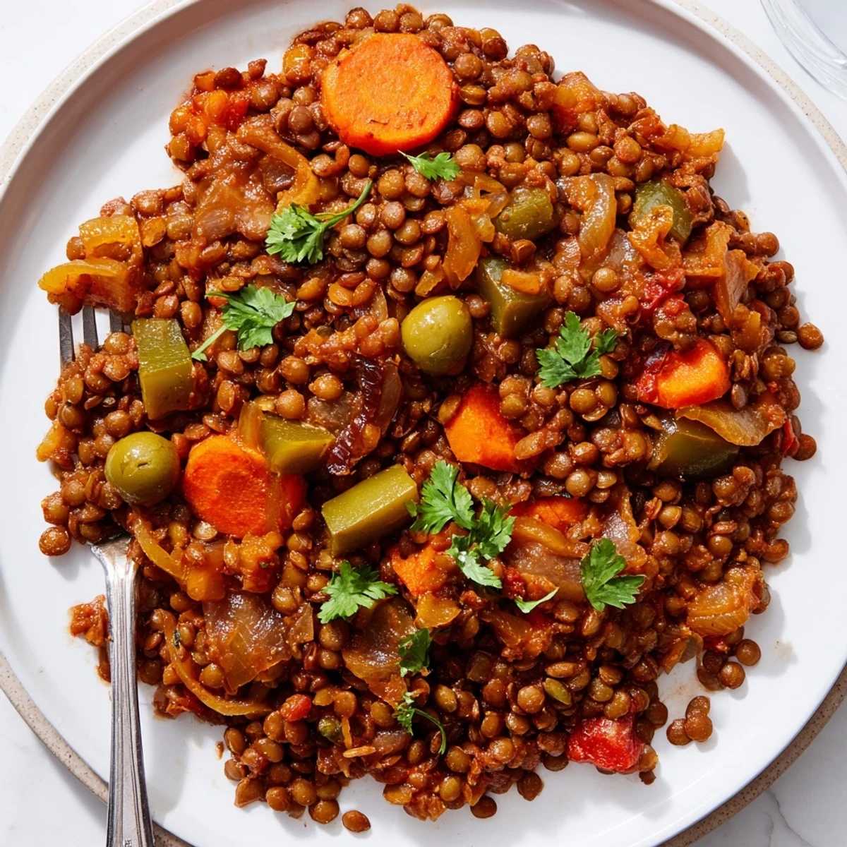 A bowl of Cuban-Inspired Lentil Picadillo topped with fresh cilantro, featuring lentils, olives, and raisins.