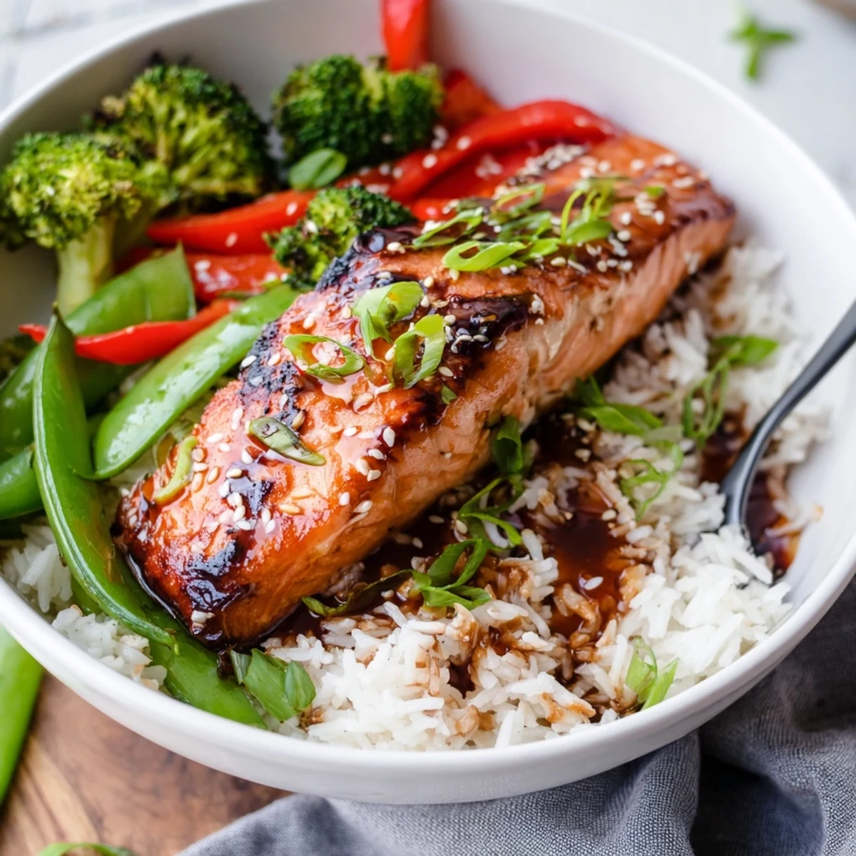 Golden-brown Maple Soy Glazed Salmon fillets resting on a bed of fluffy jasmine rice, garnished with green onions and sesame seeds.