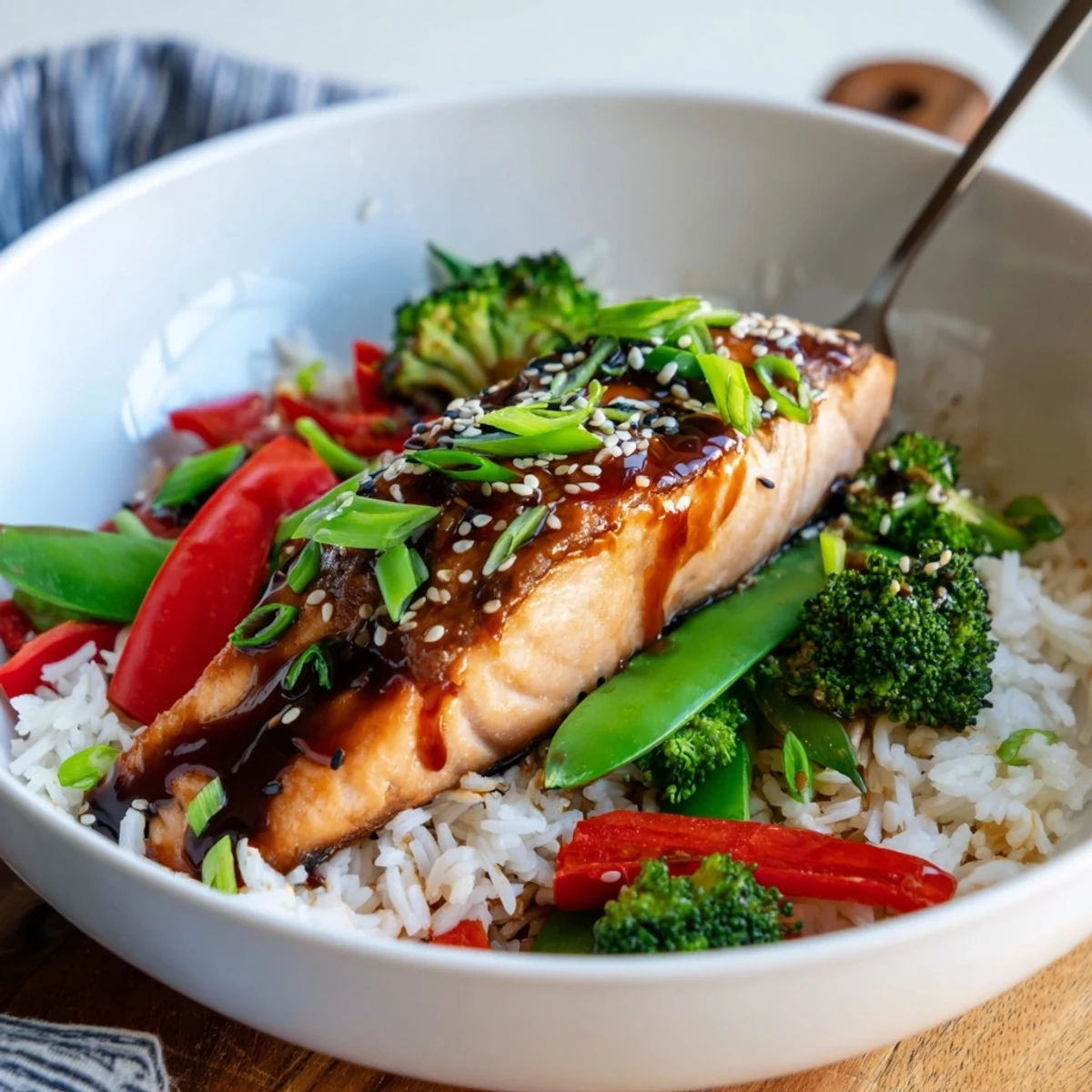 A close-up view of juicy, glazed salmon with vibrant steamed broccoli, snap peas, and red bell peppers for a healthy weeknight dinner.