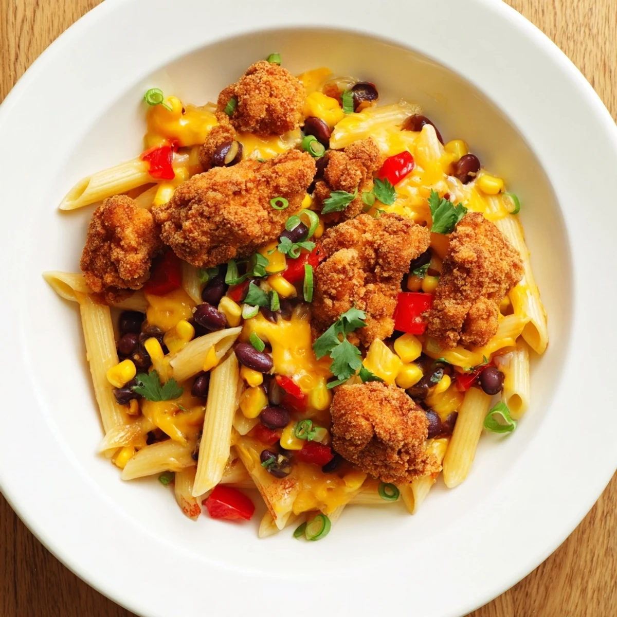 A close-up view shows a forkful of Crispy Chicken Burrito Pasta, highlighting the juicy chicken and creamy, cheesy sauce clinging to the pasta.