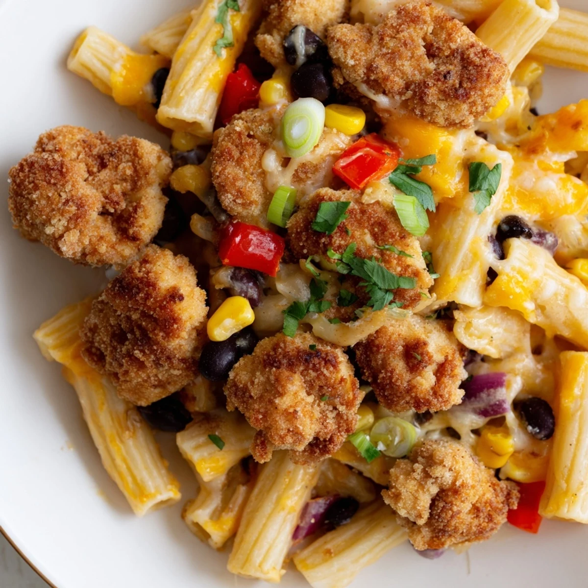 Freshly sliced green onions and cilantro garnish this hearty, Tex-Mex inspired Crispy Chicken Burrito Pasta, served with lime wedges on the side.