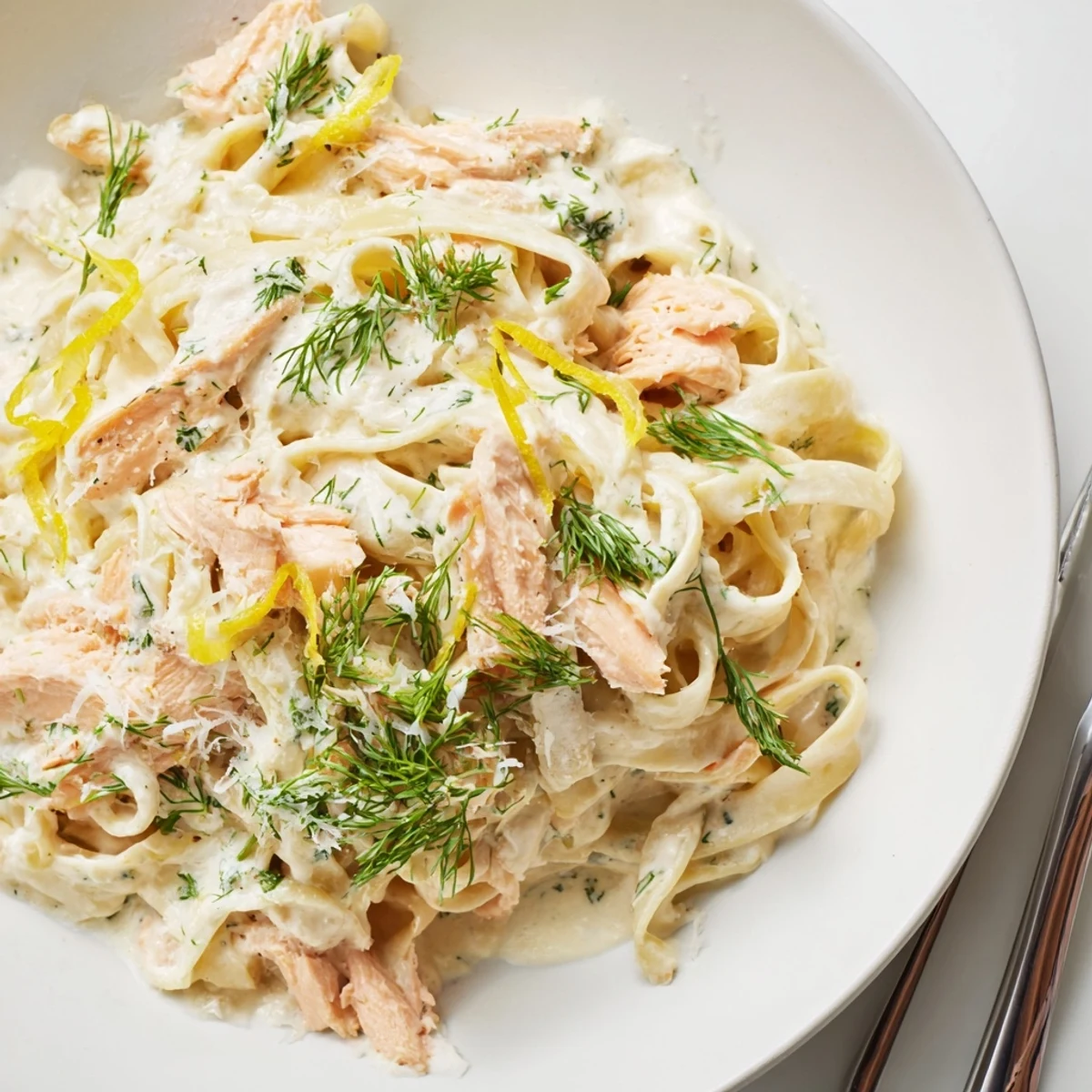Creamy salmon pasta with tender fettuccine coated in a rich, lemony cream sauce and topped with fresh dill.