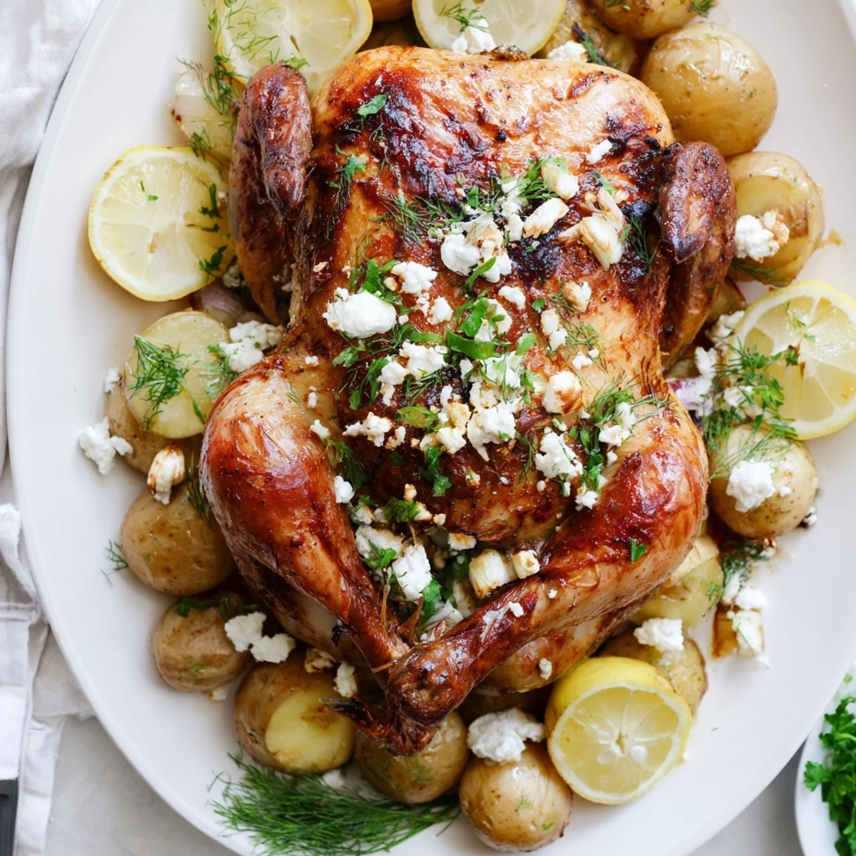 Golden roasted chicken with crispy, buttery pot potatoes, bright lemon zest, aromatic herbs, and crumbled feta cheese.