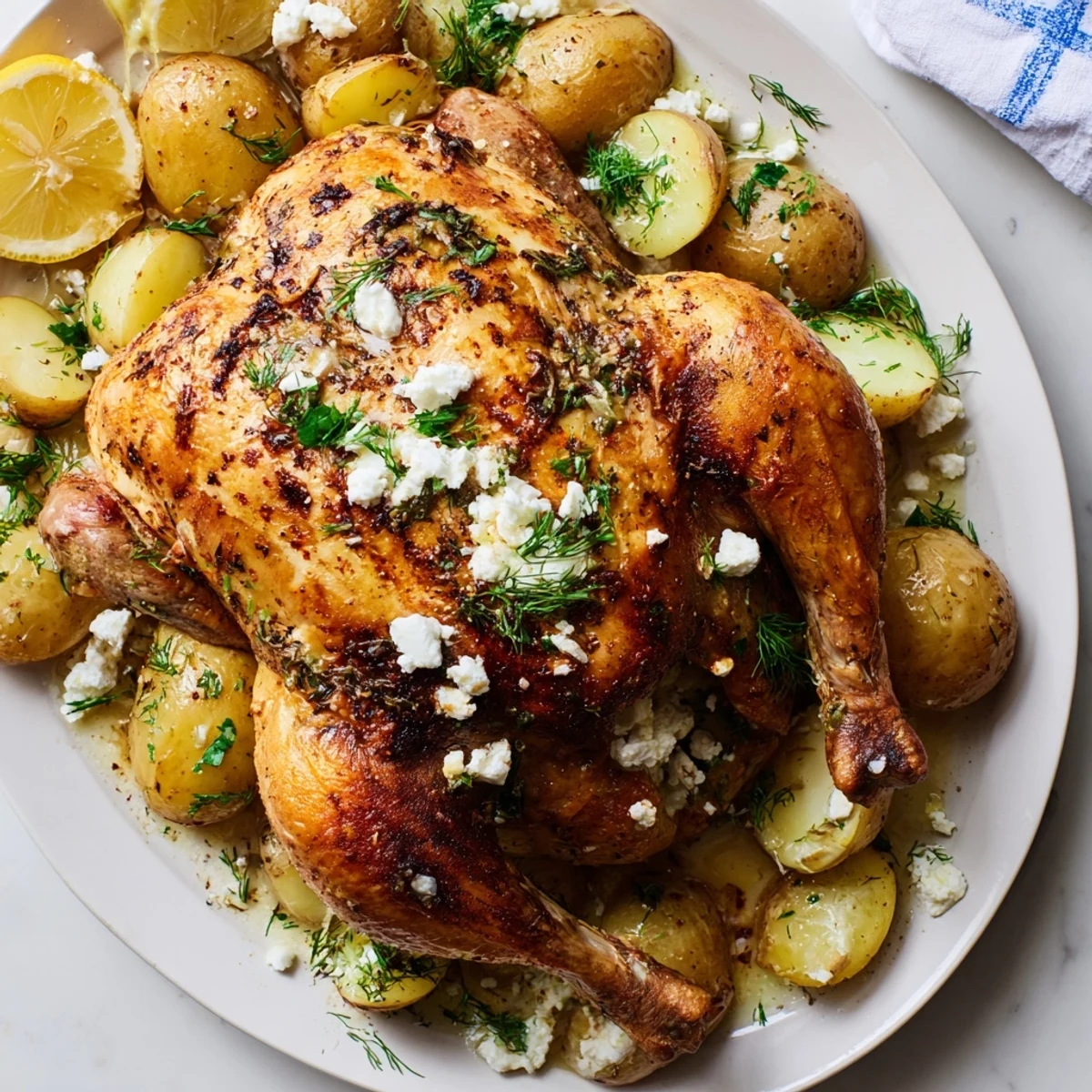 Roasted chicken with pot potatoes baked until golden, finished with fresh dill, parsley, and tangy feta.