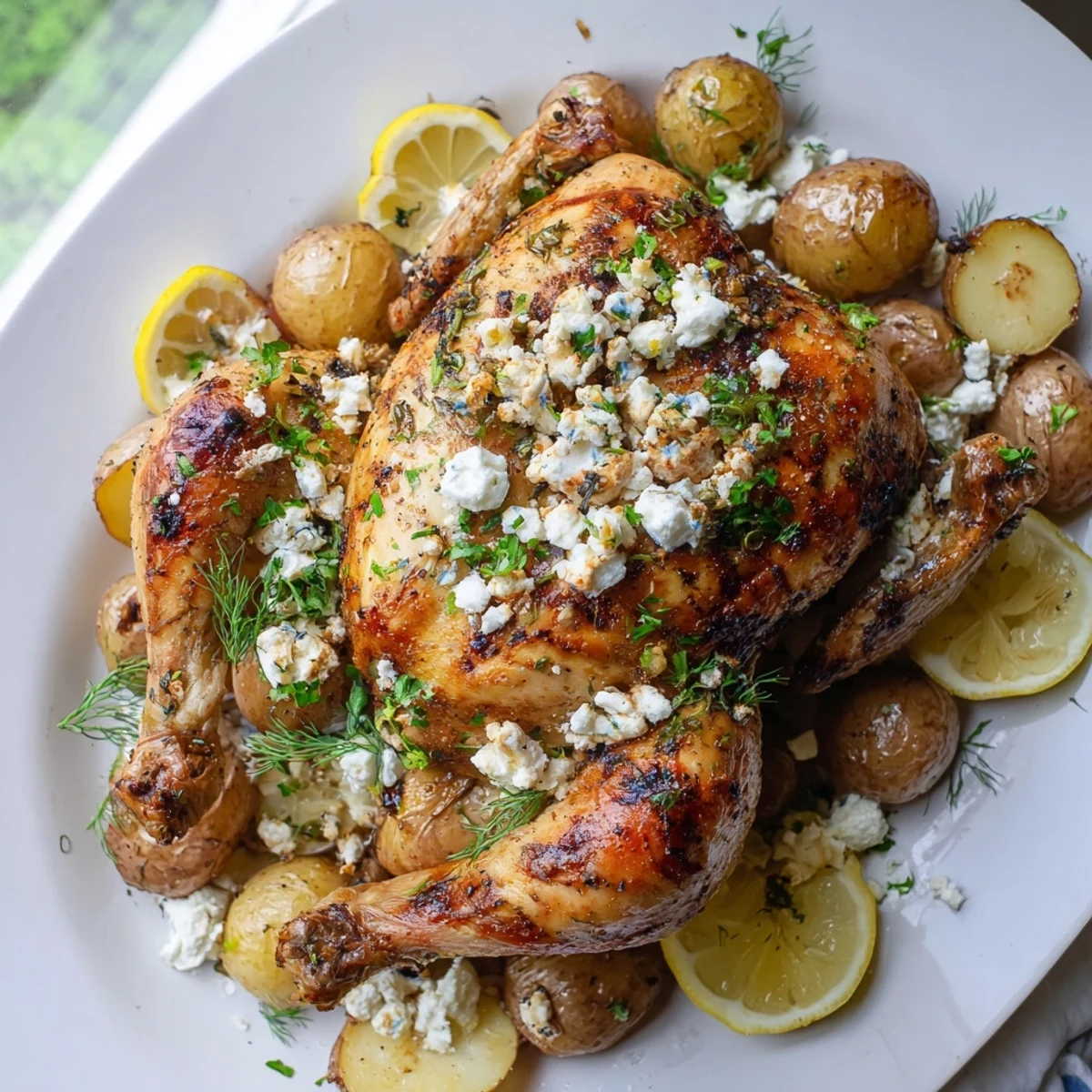Whole roasted chicken surrounded by tender pot potatoes with lemon, garlic, and herbs, ready to serve.