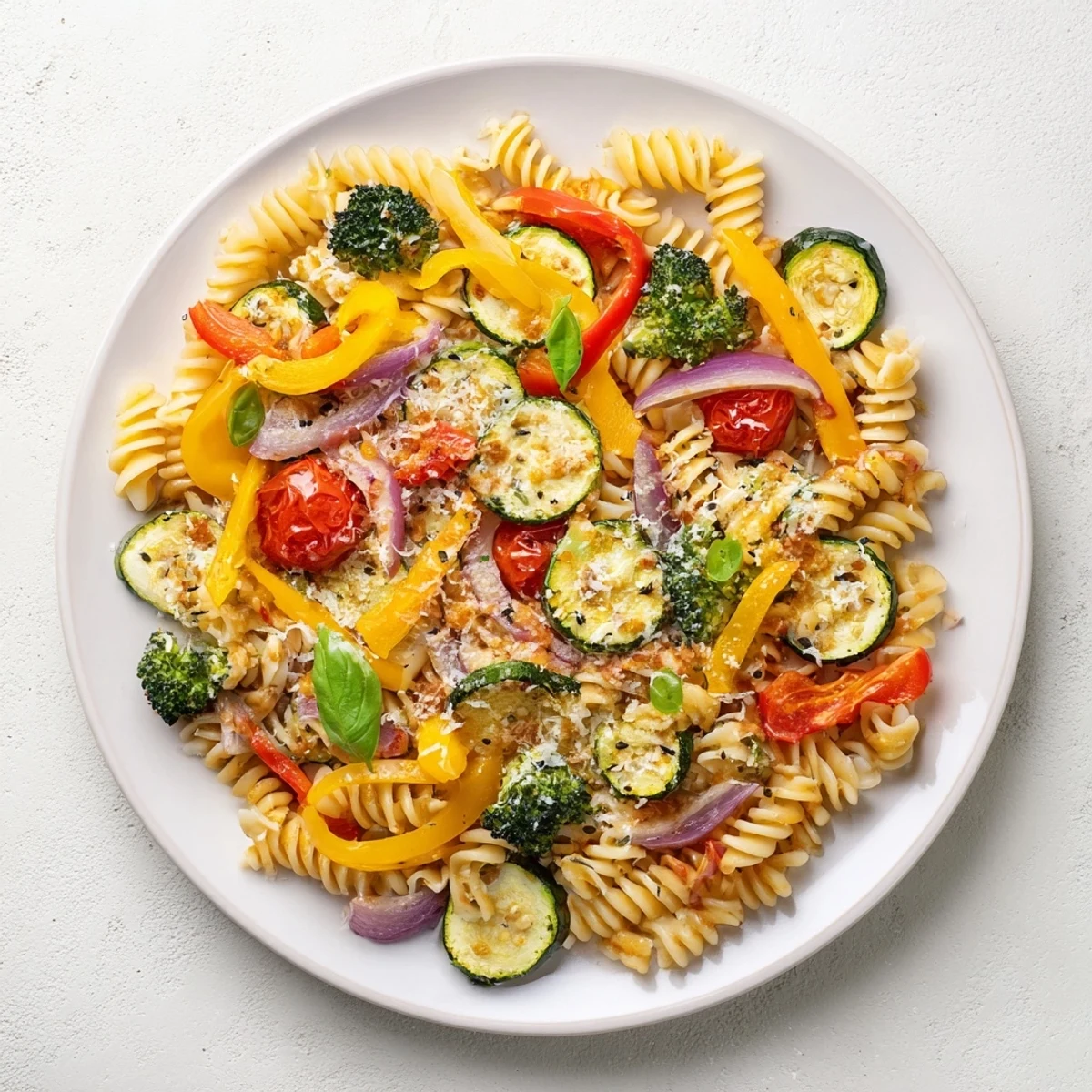 A close-up of a vibrant Pasta Primavera featuring roasted zucchini, bell peppers, and cherry tomatoes tossed in olive oil with garlic, topped with fresh basil and grated Parmesan.  