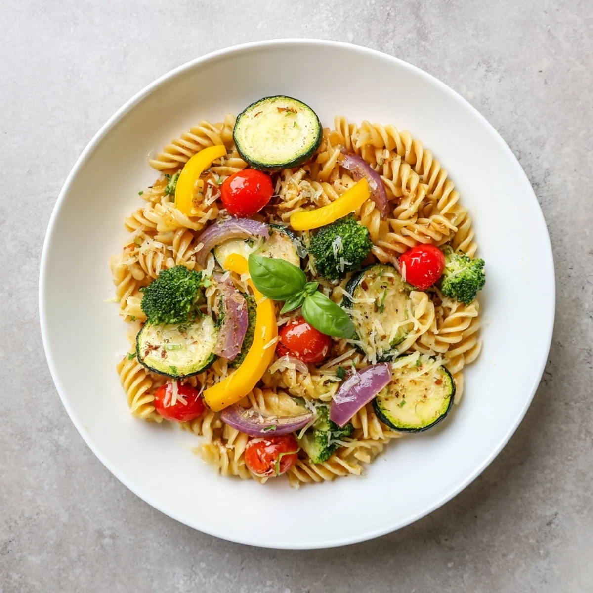 Overhead view of a generous serving of Pasta Primavera in a white bowl, showcasing al dente pasta and colorful vegetables, garnished with fresh herbs and a lemon wedge.  
