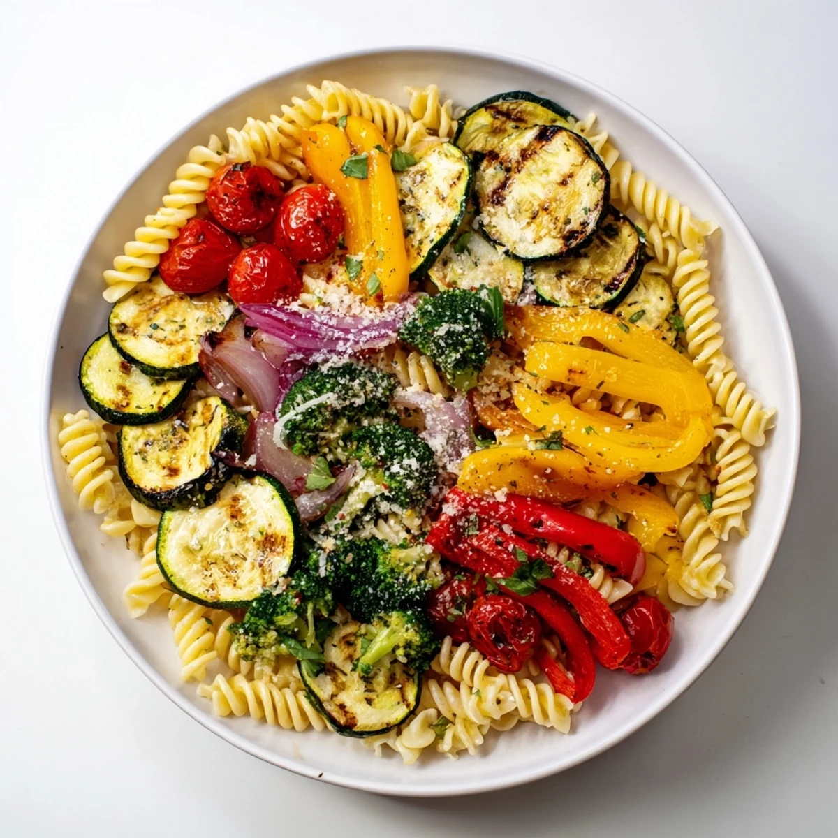 Tasty Pasta Primavera served family-style on a rustic wooden table, with roasted seasonal vegetables and a sprinkle of Parmesan, ready to be enjoyed.